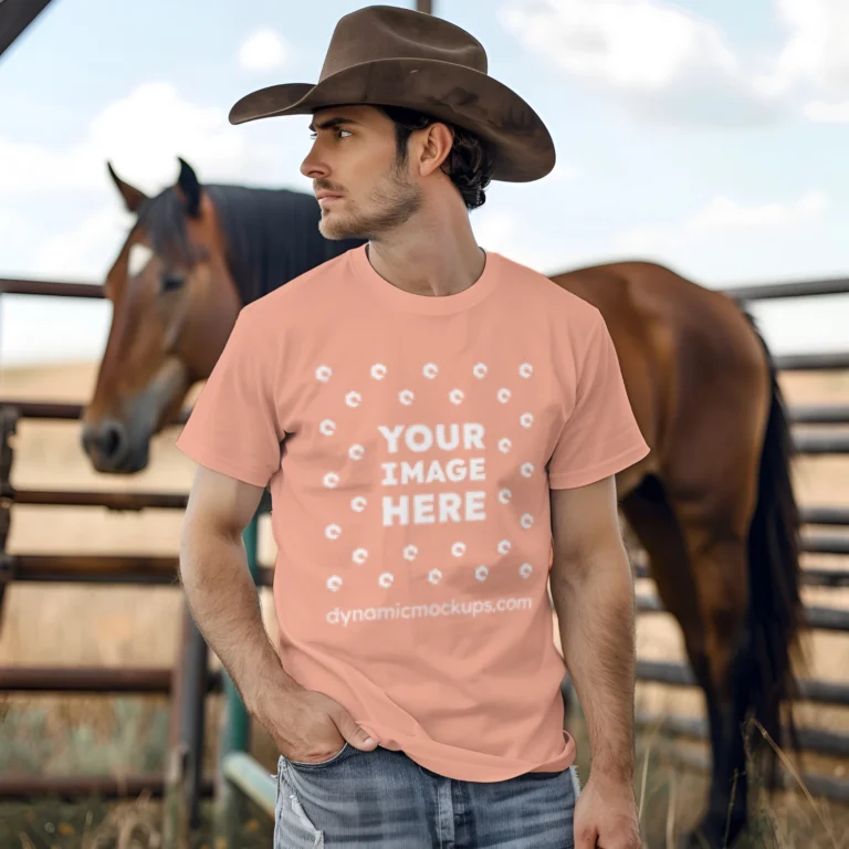 Man Wearing Peach T-shirt Mockup Front View Template