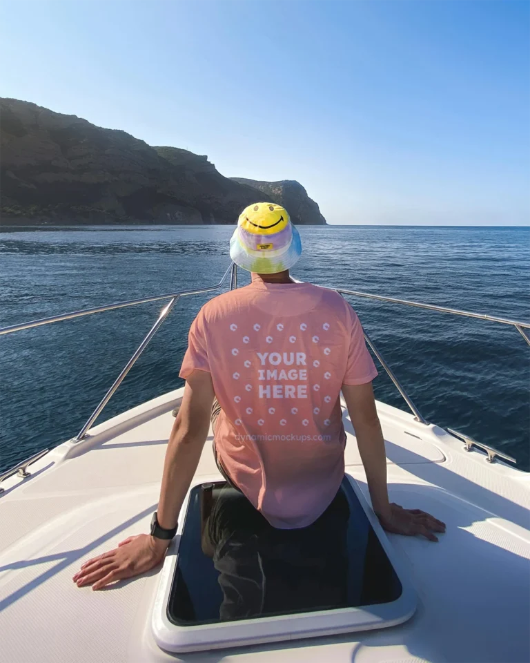 Man Wearing Peach T-shirt Mockup Back View Template