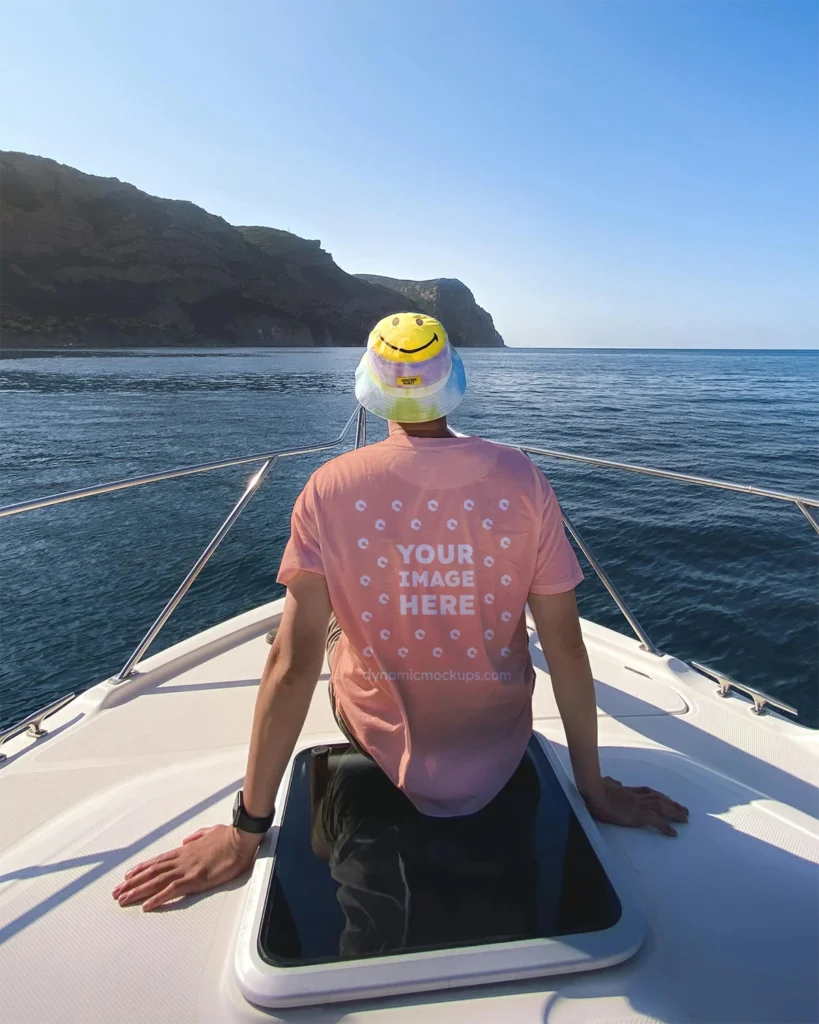 Man Wearing Peach T-shirt Mockup Back View Template