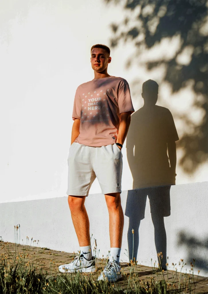 Man Wearing Peach T-shirt Mockup Front View Template