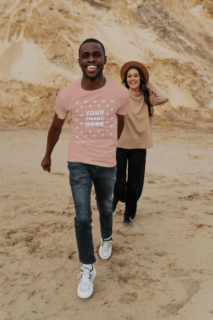 Man Wearing Peach T-shirt Mockup Front View Template