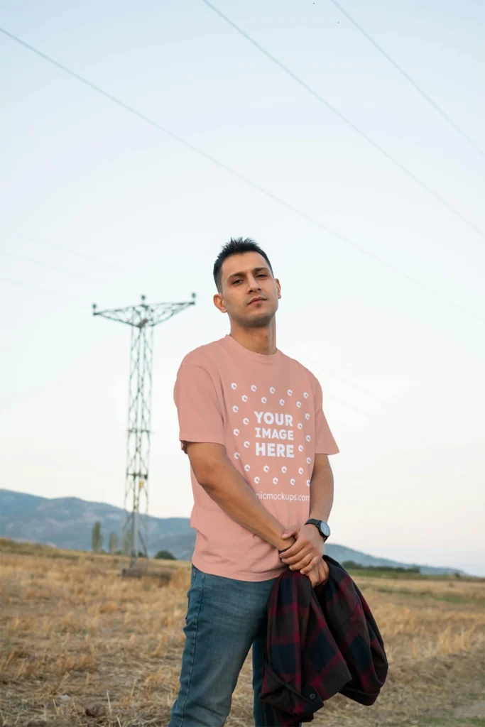 Man Wearing Peach T-shirt Mockup Front View Template