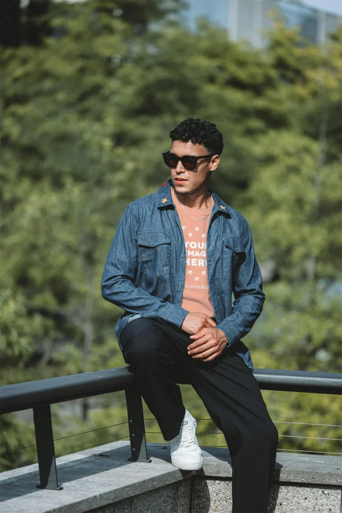 Man Wearing Peach T-shirt Mockup Front View Template