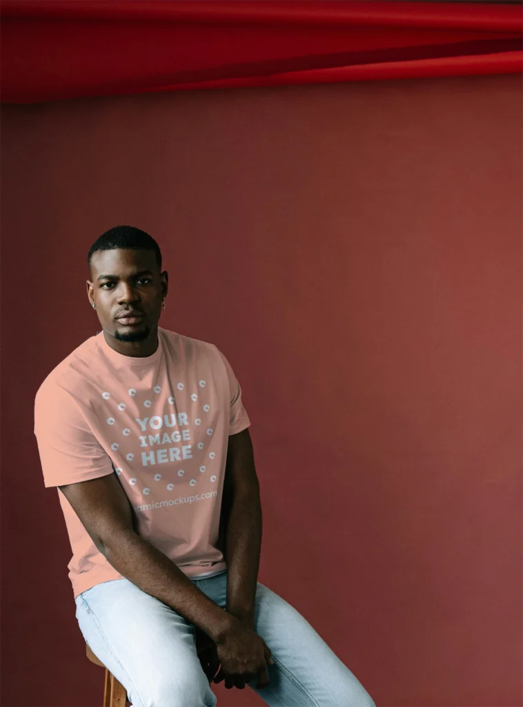 Man Wearing Peach T-shirt Mockup Front View Template