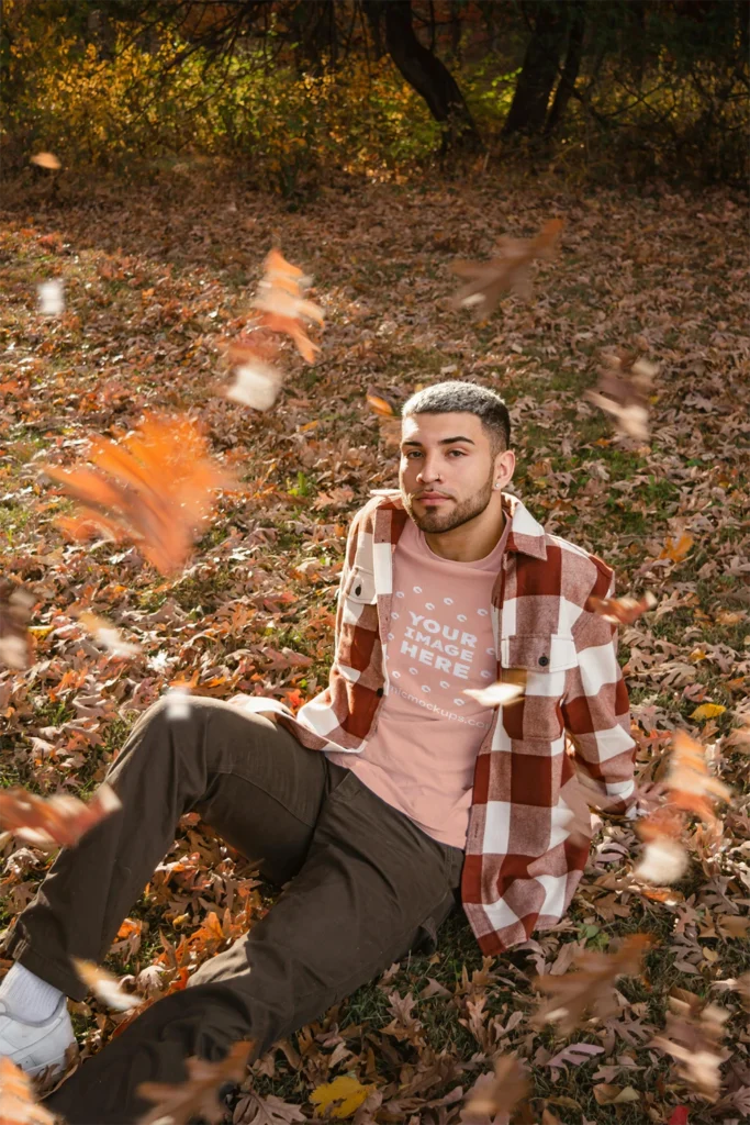 Man Wearing Peach T-shirt Mockup Front View Template