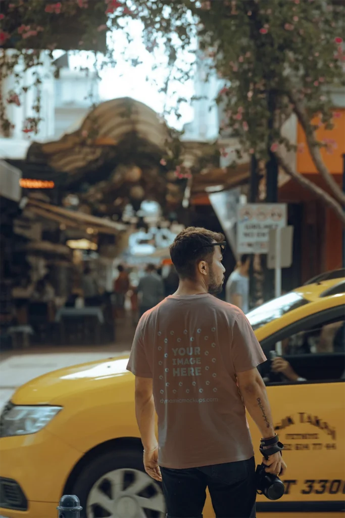 Man Wearing Peach T-shirt Mockup Back View Template