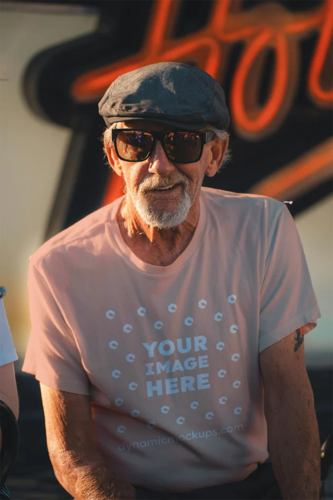 Man Wearing Peach T-shirt Mockup Front View Template