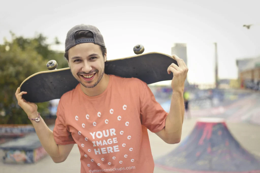 Man Wearing Peach T-shirt Mockup Front View Template