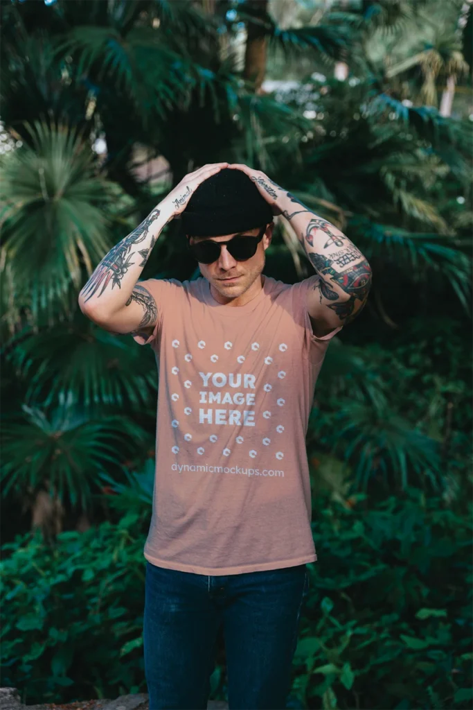 Man Wearing Peach T-shirt Mockup Front View Template