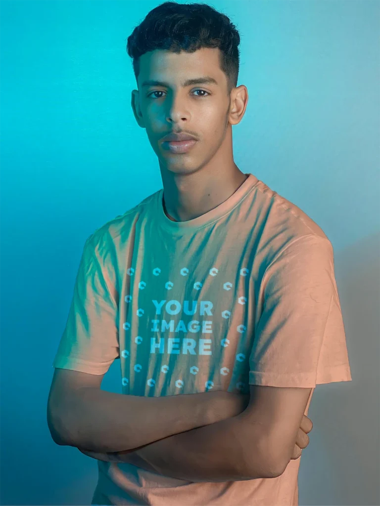 Man Wearing Peach T-shirt Mockup Front View Template