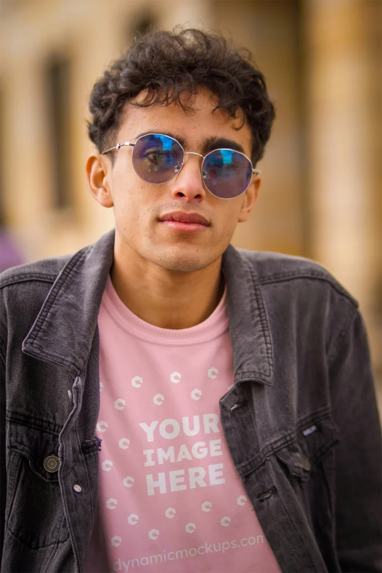 Man Wearing Pink T-shirt Mockup Front View Template