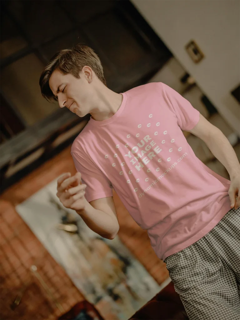 Man Wearing Pink T-shirt Mockup Front View Template