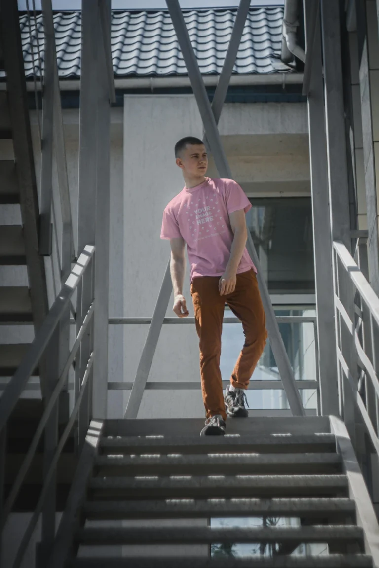 Man Wearing Pink T-shirt Mockup Front View Template