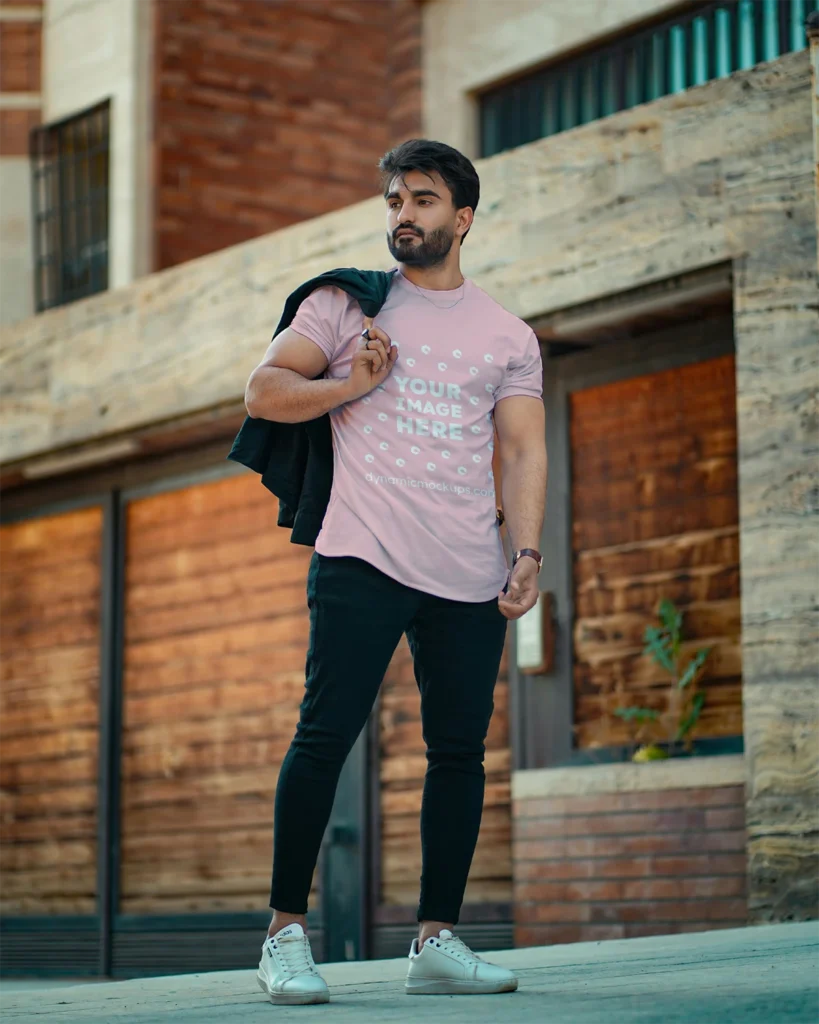 Man Wearing Pink T-shirt Mockup Front View Template