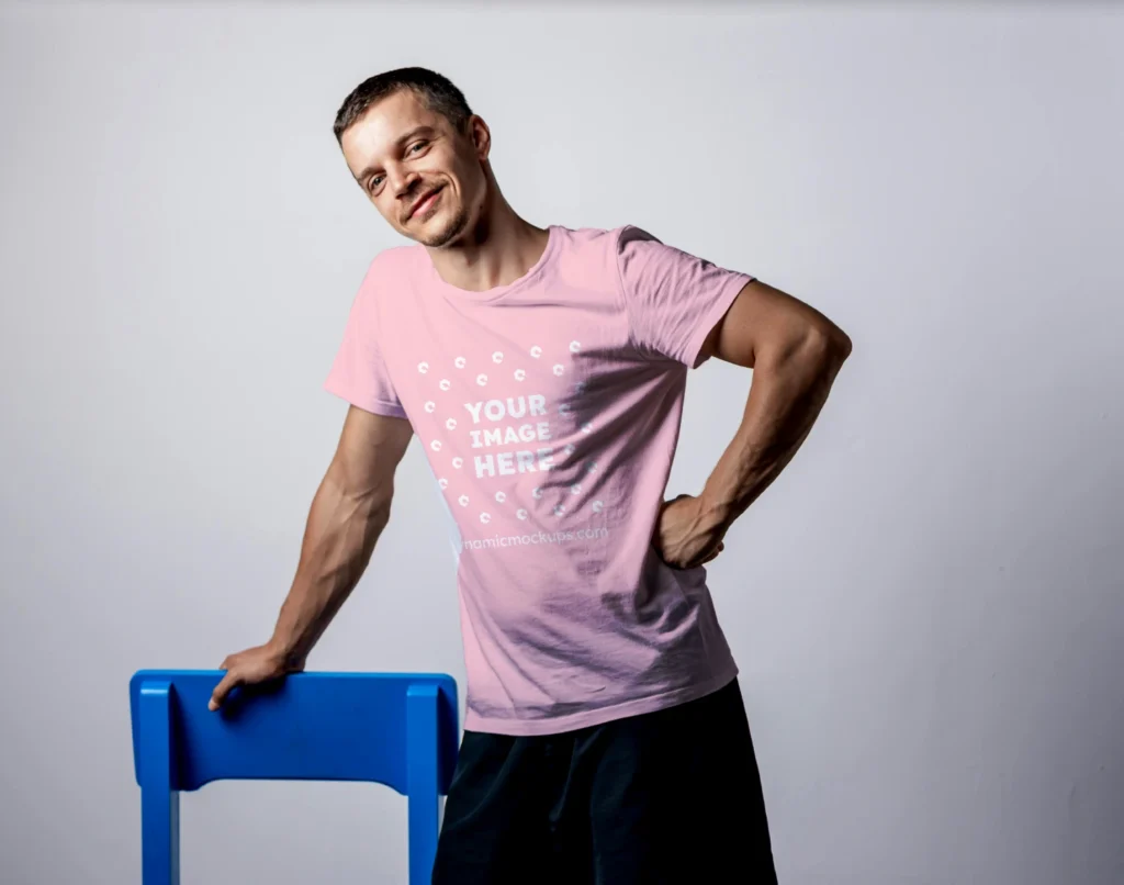 Man Wearing Pink T-shirt Mockup Front View Template