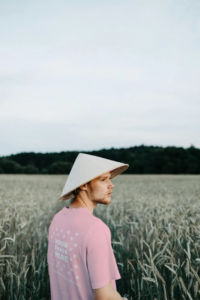 Man Wearing Pink T-shirt Mockup Front View Template