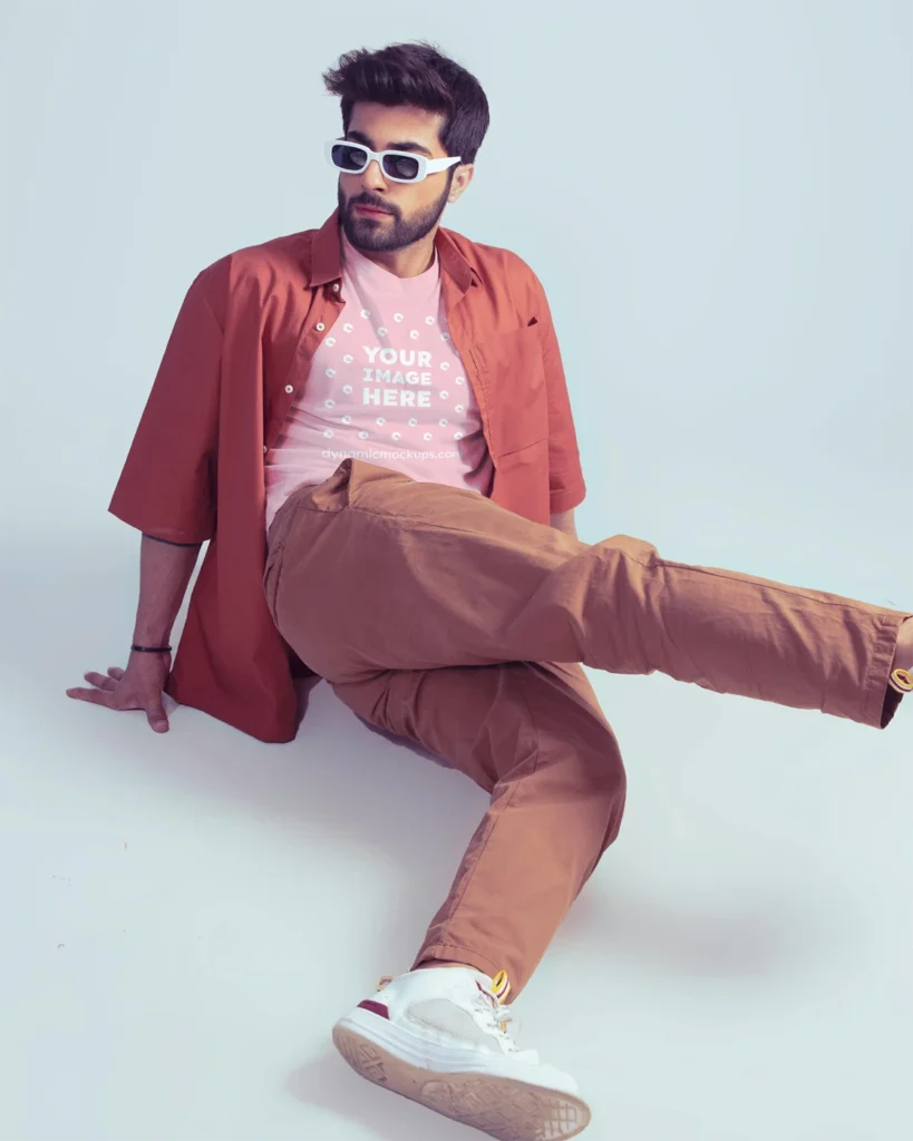 Man Wearing Pink T-shirt Mockup Front View Template