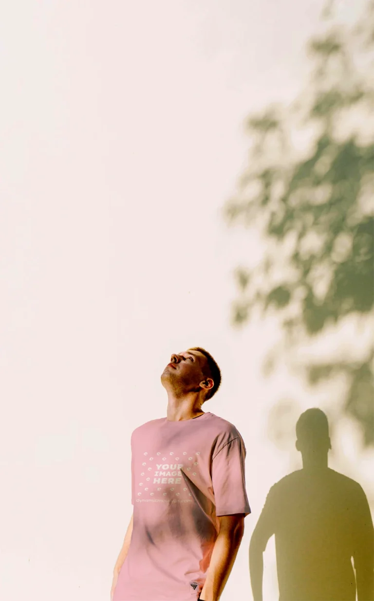 Man Wearing Pink T-shirt Mockup Front View Template