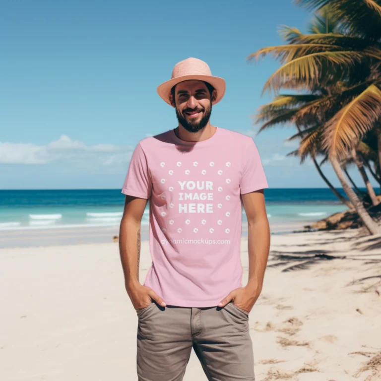 Man Wearing Pink T-shirt Mockup Front View Template