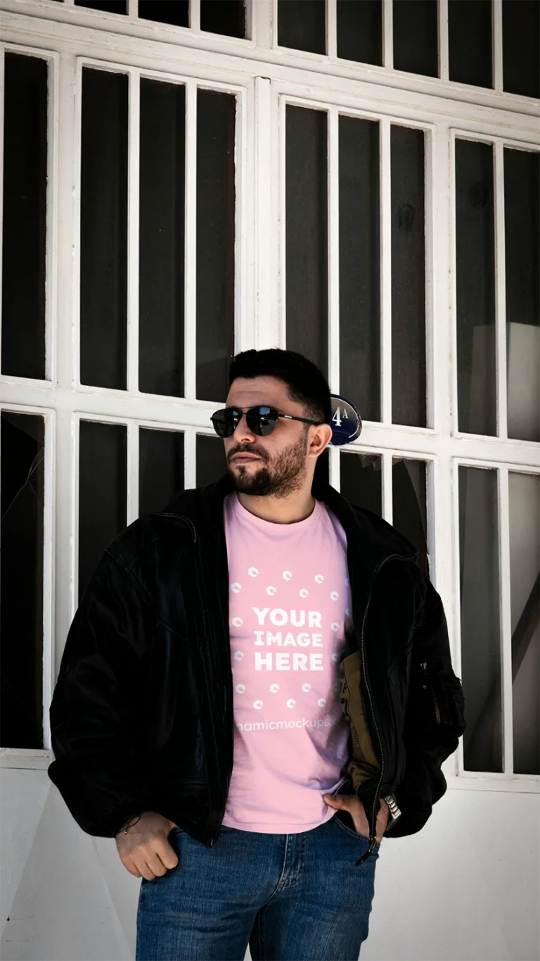 Man Wearing Pink T-shirt Mockup Front View Template