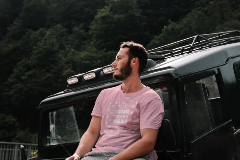 Man Wearing Pink T-shirt Mockup Front View Template