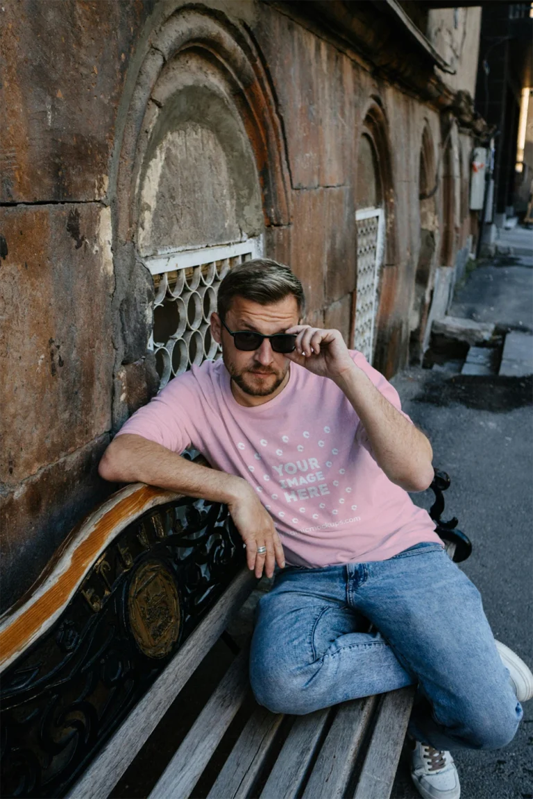 Man Wearing Pink T-shirt Mockup Front View Template