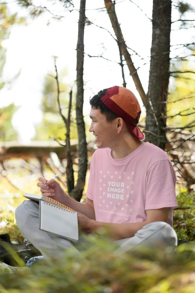 Man Wearing Pink T-shirt Mockup Front View Template