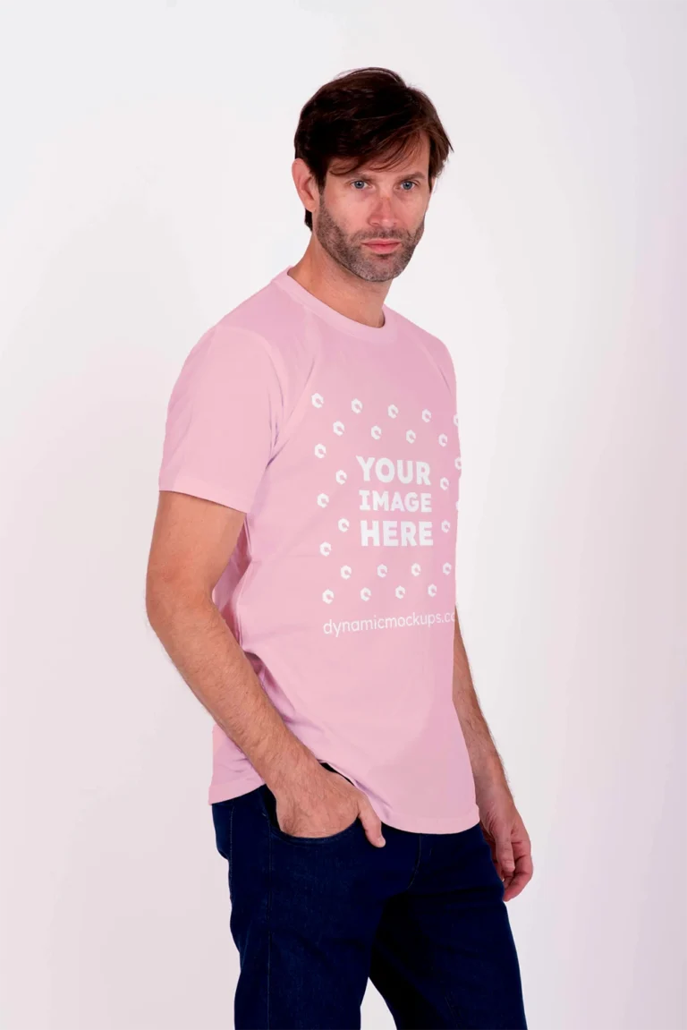 Man Wearing Pink T-shirt Mockup Side View Template