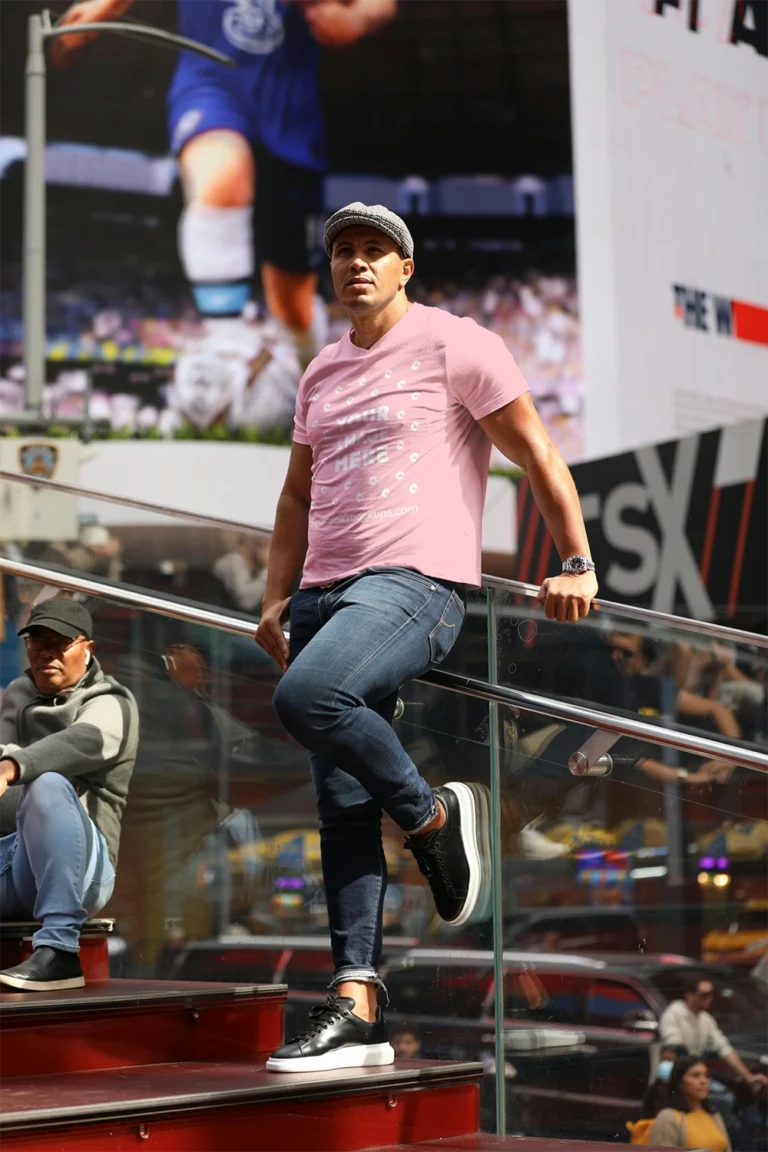 Man Wearing Pink T-shirt Mockup Front View Template