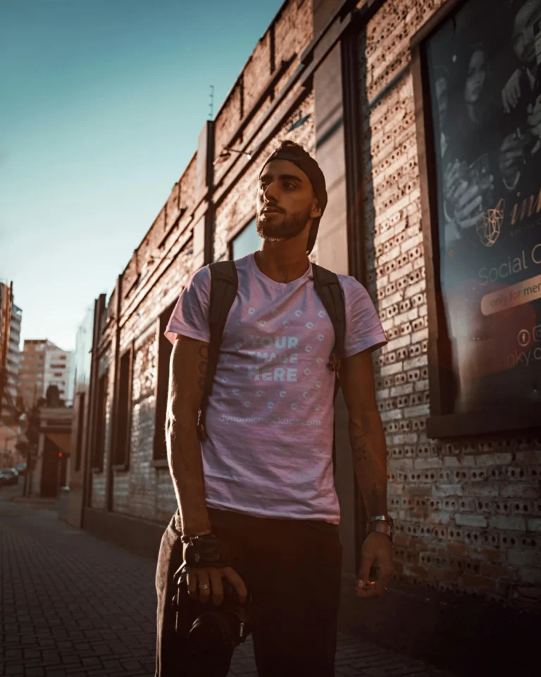 Man Wearing Pink T-shirt Mockup Front View Template