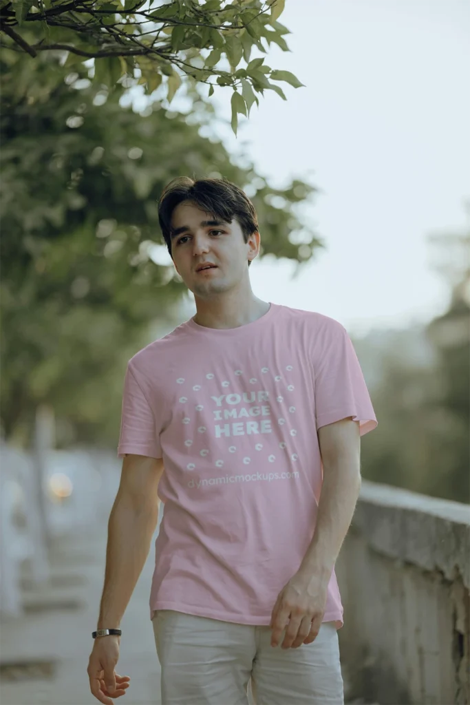 Man Wearing Pink T-shirt Mockup Front View Template