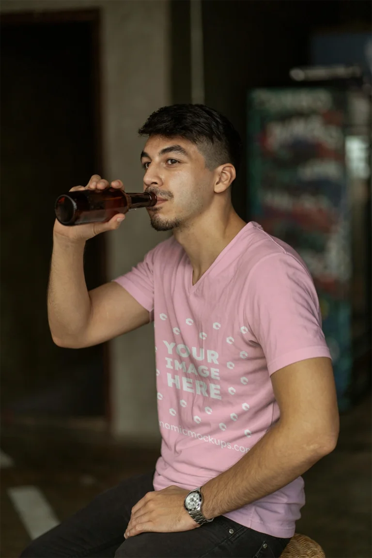 Man Wearing Pink T-shirt Mockup Side View Template