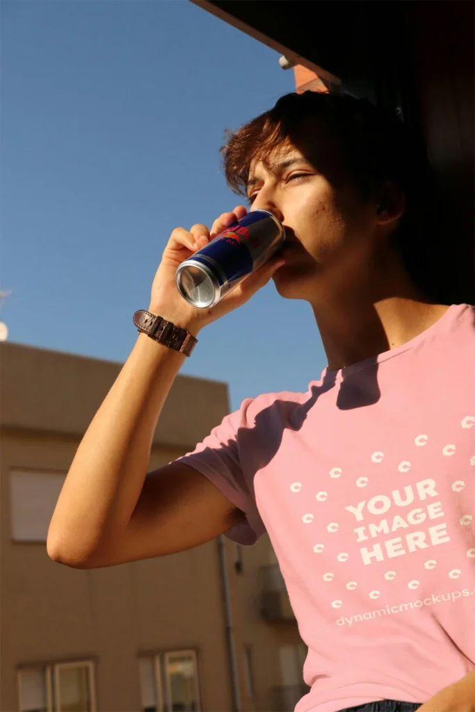 Man Wearing Pink T-shirt Mockup Front View Template