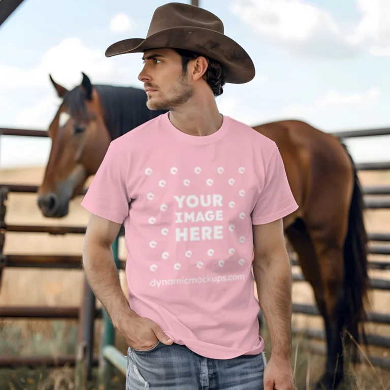 Man Wearing Pink T-shirt Mockup Front View Template