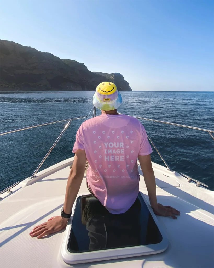 Man Wearing Pink T-shirt Mockup Back View Template