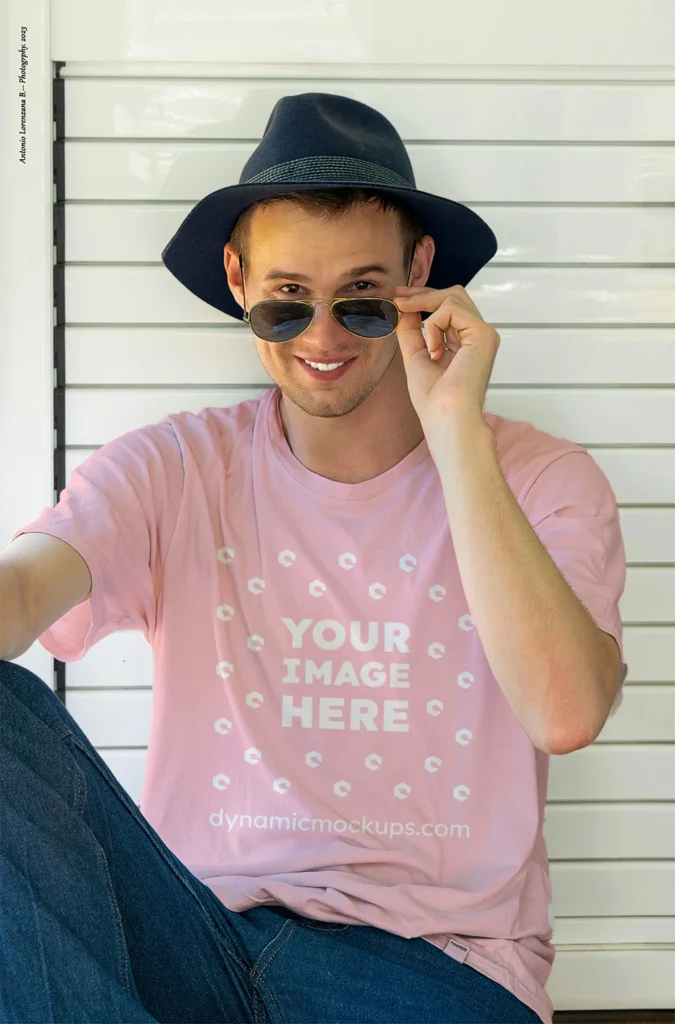 Man Wearing Pink T-shirt Mockup Front View Template