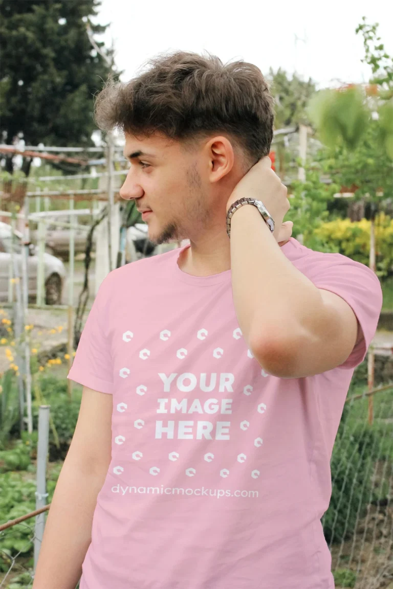 Man Wearing Pink T-shirt Mockup Front View Template