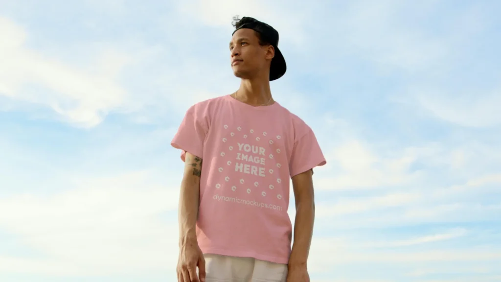 Man Wearing Pink T-shirt Mockup Front View Template