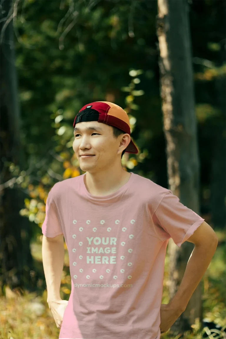 Man Wearing Pink T-shirt Mockup Front View Template