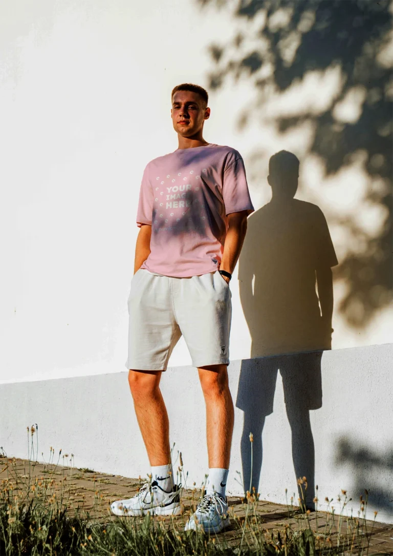 Man Wearing Pink T-shirt Mockup Front View Template