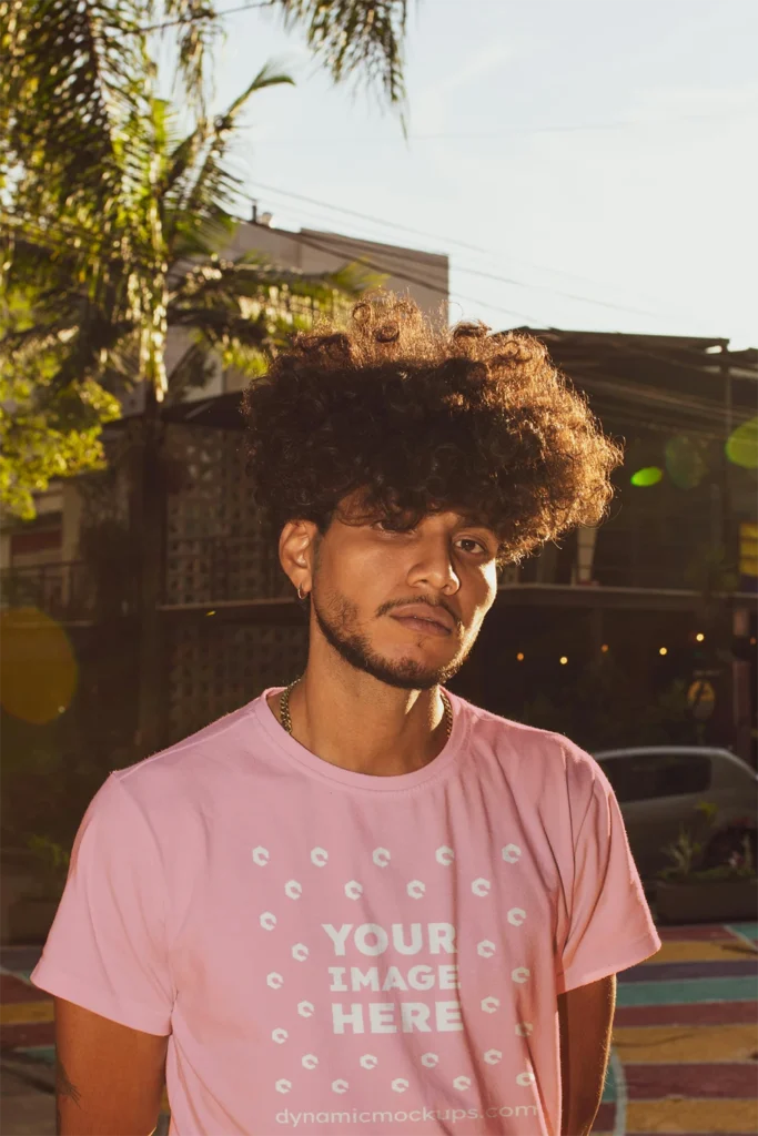 Man Wearing Pink T-shirt Mockup Front View Template