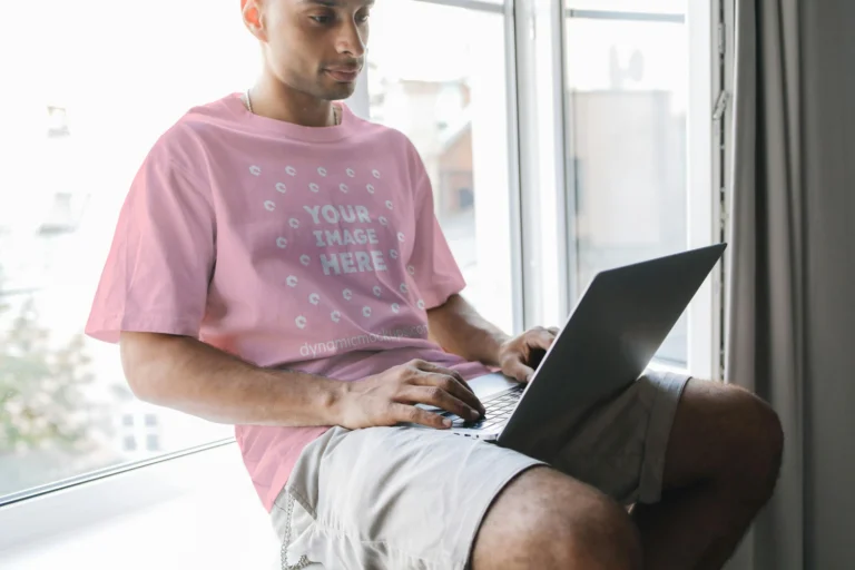 Man Wearing Pink T-shirt Mockup Front View Template