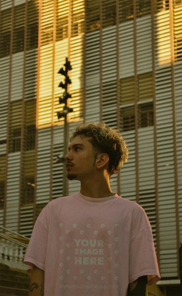 Man Wearing Pink T-shirt Mockup Front View Template