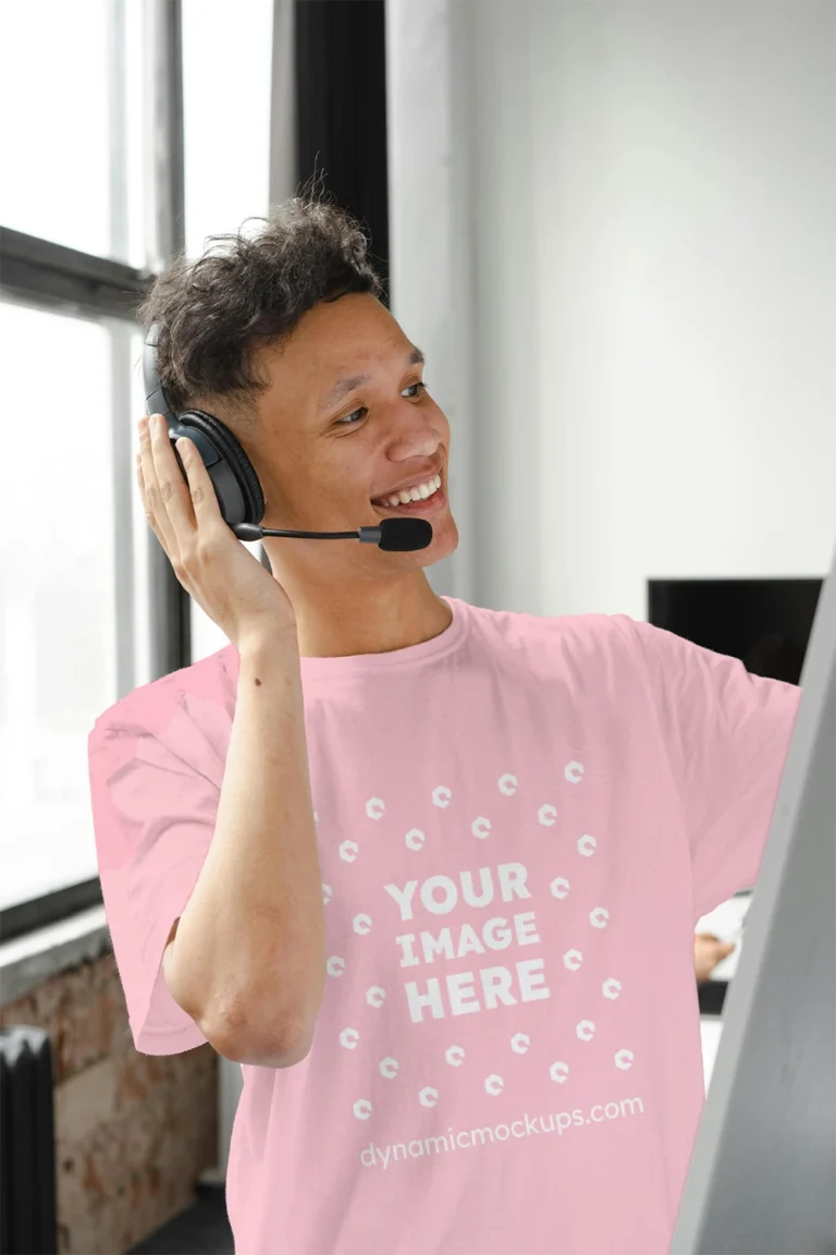 Man Wearing Pink T-shirt Mockup Front View Template