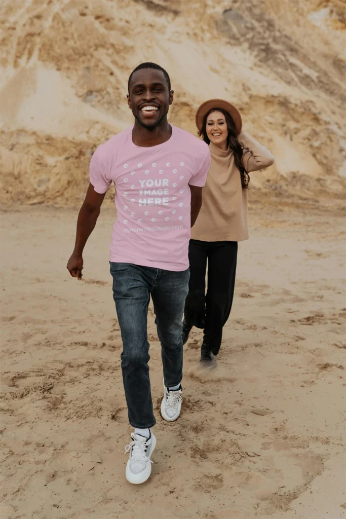 Man Wearing Pink T-shirt Mockup Front View Template