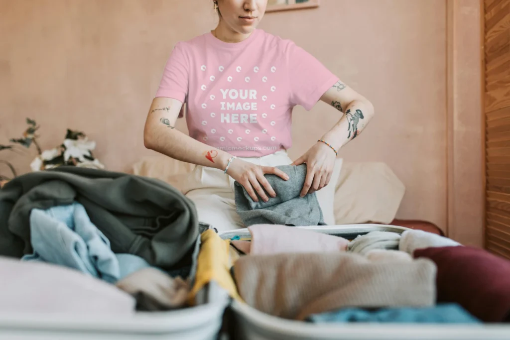 Man Wearing Pink T-shirt Mockup Front View Template