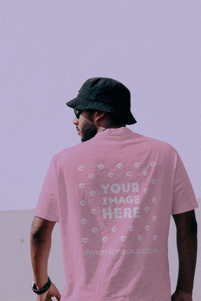 Man Wearing Pink T-shirt Mockup Back View Template