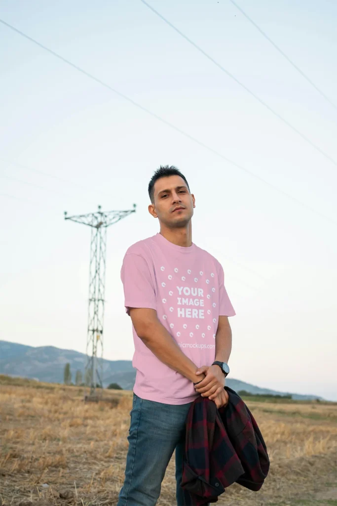 Man Wearing Pink T-shirt Mockup Front View Template