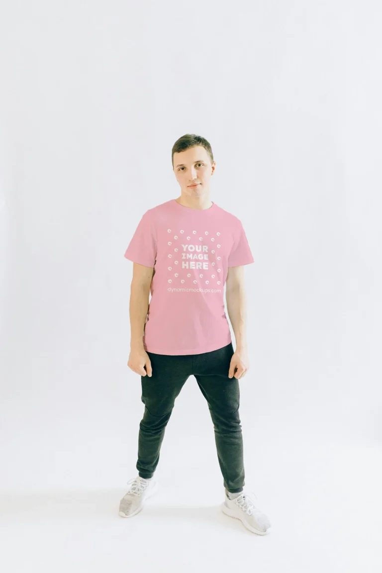 Man Wearing Pink T-shirt Mockup Front View Template