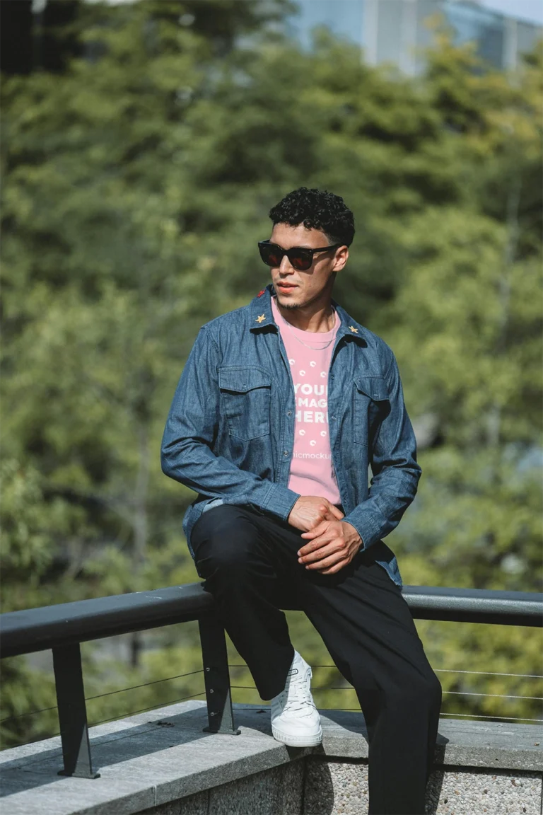 Man Wearing Pink T-shirt Mockup Front View Template